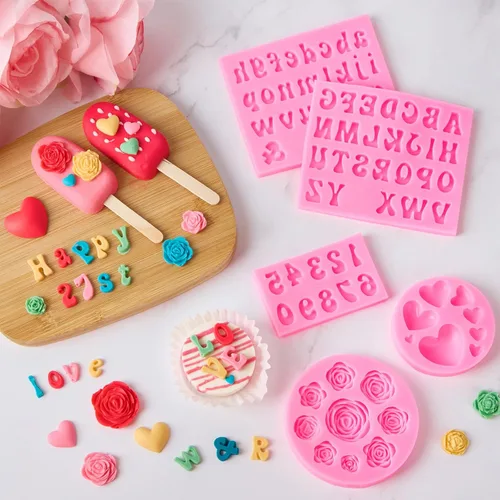 Miniatura 6 de Moldes de silicona de letras para chocolate, 5 piezas de moldes de números y letras en forma de corazón de rosa, moldes de fondant para caramelos