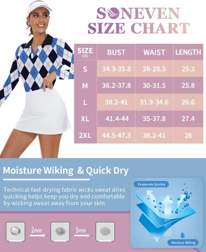 Miniatura 7 de Soneven Camisas de golf de manga larga para mujer que absorben la humedad, cuello en V, camisas polo de golf sin cuello