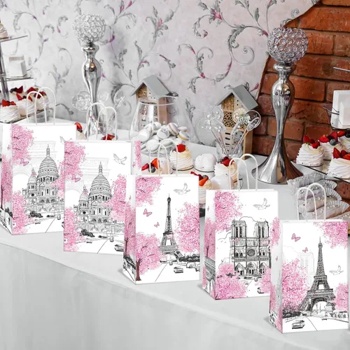 Miniatura 5 de ZOIIWA 12 bolsas de regalo de la Torre Eiffel de París, bolsas de dulces de primavera rosa de la Torre Eiffel, bolsas de regalo de la Torre Eiffel
