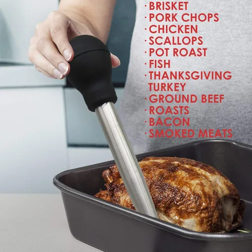 Miniatura 5 de Baster de acero inoxidable para pavo con cepillo de limpieza, jeringa de grado alimenticio para cocinar y rociar con 2 agujas inyectoras de adobo