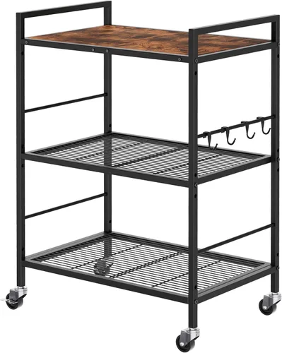 Miniatura 11 de Estante de almacenamiento de metal de 3 niveles con ruedas industriales, estantería de malla con mesa de madera, estante ajustable, 23.6 pulgadas