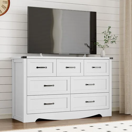 Miniatura 7 de BORNOON - Cómoda de 7 cajones para dormitorio, cómoda de madera moderna con manijas de metal, diseño antivuelco, organizador de almacenamiento Blanco