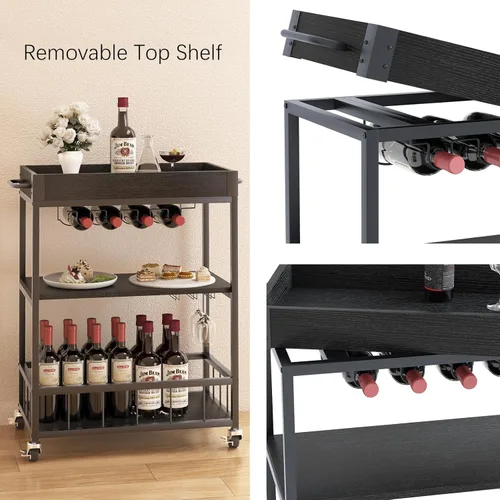 Miniatura 8 de Carro de servicio para bar con soporte para vino de 3 niveles, carrito móvil para el hogar, con ruedas, carrito de cocina industrial