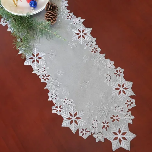 Miniatura 3 de Caminos de mesa bordados con copos de nieve para Navidad e invierno (plata, 14 x 34 pulgadas)