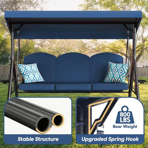 Miniatura 3 de ZZW Columpio de patio para porche al aire libre de 3 asientos con soporte de 800 libras, cama columpio convertible 2 en 1 con toldo ajustable