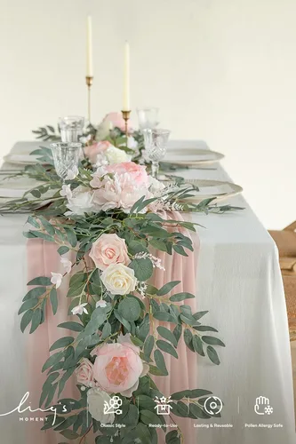 Miniatura 4 de Ling's moment Guirnalda de Flores en Arco – Eucalipto y Rosa de 6 Pies – Decoración de Mesa de Novios para Recepción de Boda, Guirnalda Floral