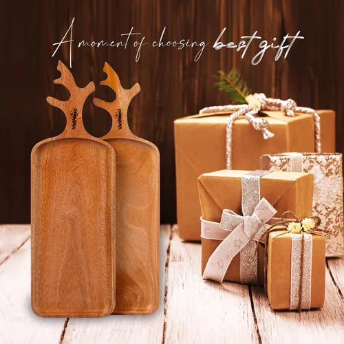 Miniatura 4 de VieWood Juego de 2 bandejas de madera con asa para decoración del hogar, tabla de servir de madera para frutas, cupcakes y platos decorativos