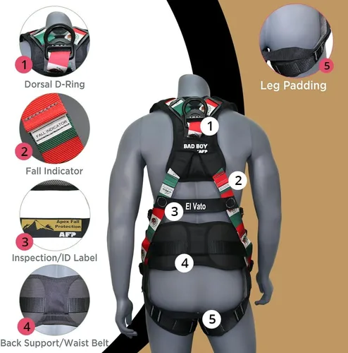 Miniatura 5 de AFP Arnés de seguridad de cuerpo completo de protección contra caídas Premium, cinturón de soporte de 8" de grosor, anillos en D de aluminio