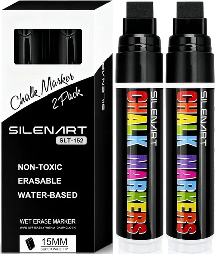 SILENART Marcadores de tiza negra para ventana, punta gigante, rotulador de coche de 0.591 in, 2 unidades | Pluma de pintura lavable grande para