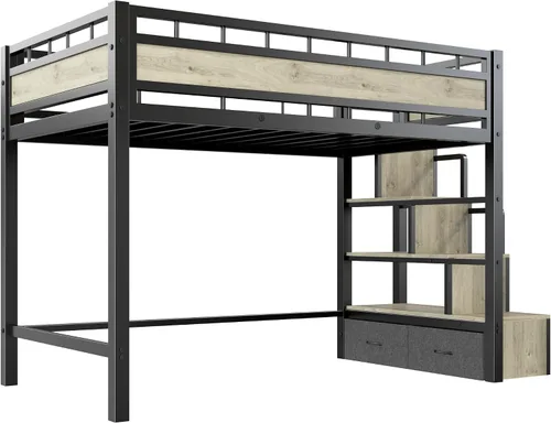 Miniatura 7 de Cama alta individual con escaleras, cama alta de metal resistente con almacenamiento y espacio debajo de la cama, más estable y segura