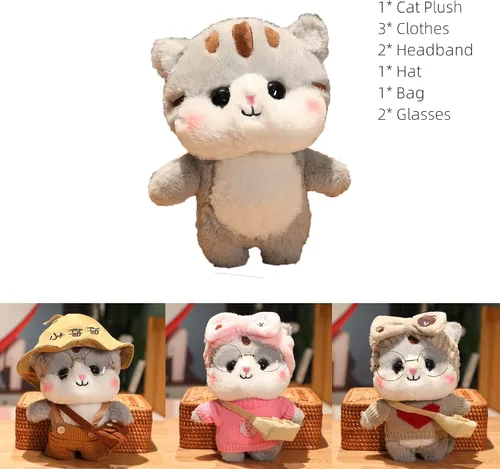 Miniatura 5 de Juguete de peluche de pato con 9 trajes y accesorios para combinar con ropa de vestir para niños (12 pulgadas) (gato gris)