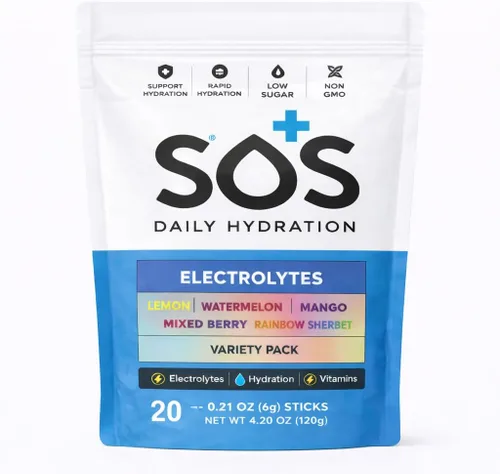 SOS Barras de polvo de electrolitos de hidratación, hidratación rápida baja en azúcar, aptas para dieta keto (20 porciones, variedad