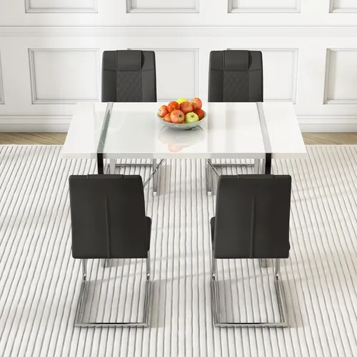 Miniatura 4 de Juego de mesa de comedor para 4, juego de mesa de cocina rectangular de MDF blanco con sillas de comedor de cuero, juego de 4, juego de mesa