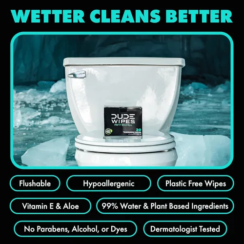 Miniatura 3 de DUDE Wipes On-The-Go Mint Chill - Toallitas de viaje – 30 unidades (envueltas individualmente) – Toallitas desechables extragrandes para adultos