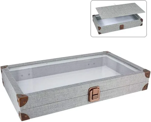 Miniatura 2 de 888 Display USA - Joyero cubierto de lino gris con tapa de vidrio y pestillo