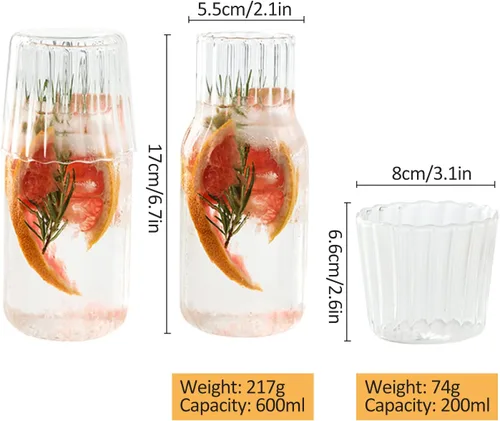 Miniatura 2 de Juego de 4 jarras de agua de noche y vidrio, jarra de agua de cristal de 20 onzas con vaso para mesita de noche, elegante decantador de enjuague