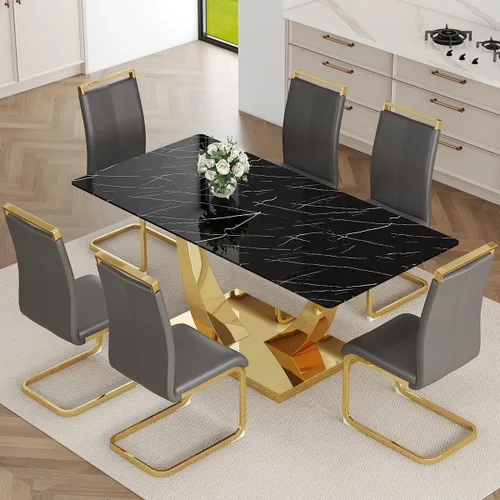 Miniatura 25 de Juego de Mesa de Comedor Negra para 6, Mesa de Comedor de Mármol Falso de 71" para 6, Juego de Mesa de Cocina Rectangular con Sillas de Cuero PU