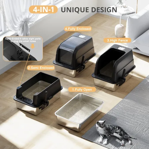 Miniatura 5 de Caja de arena para gatos de acero inoxidable con tapa, caja de arena grande XL cerrada para gatos de alta cara, caja de metal para gatos con tapa