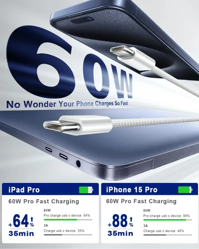 Miniatura 2 de VOTY Cable USB C 3A de carga rápida de 3 pies, cable de carga USB C a USB C trenzado para Samsung Galaxy A10e A20 A50 A51 A71, S20 S10 S9 S8 Plus