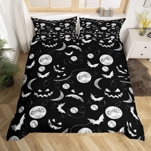 Miniatura 28 de Juego de ropa de cama de Halloween, funda de edredón gótica de murciélagos negros con telarañas, funda de edredón individual, diseño de arañas