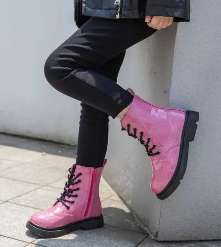 Miniatura 3 de DADAWEN Botas de combate impermeables con cordones y purpurina a media pantorrilla con cremallera lateral para niños pequeños, niños grandes