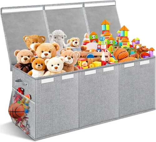 Miniatura 8 de Caja de juguetes extragrande con tapas, organizador de almacenamiento plegable y resistente para niños, cesta grande con divisores para niños y Negro