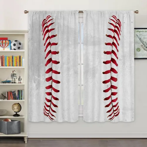 Miyotaa Cortinas deportivas de béisbol para ventana, 2 paneles de 42 pulgadas de ancho x 63 pulgadas de alto, bolsillo para cortinero, adolescentes,