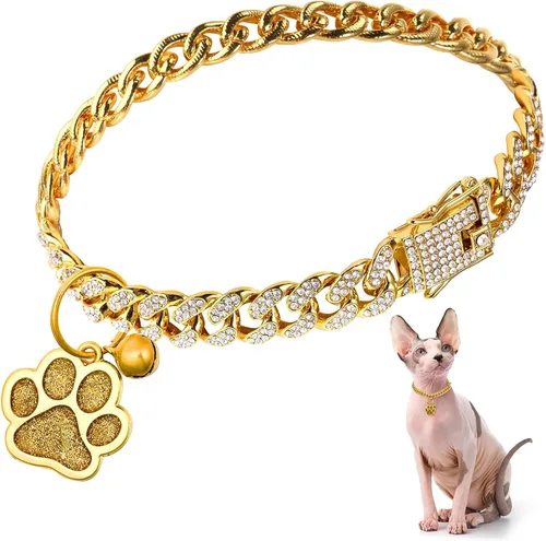 Hillban Collar de gato con cadena de diamantes, collar de metal con purpurina para caminar con hebilla segura, collar para mascotas con dije de pata