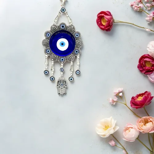 Miniatura 5 de Adorno para colgar en la pared con protección contra el mal de ojo azul con Hamsa para colgar en la pared, diseño de girasol