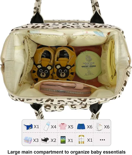 Miniatura 5 de Pañalera de pana para bebés, niñas y niños, bolsas grandes para pañales para mamá (leopardo de pana beige)