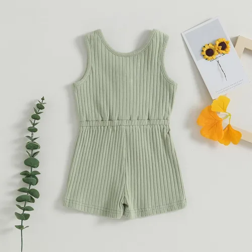 Miniatura 87 de Traje de verano para niña pequeña, de manga corta, acanalado, overol liso, pantalones cortos, ropa para recién nacidos
