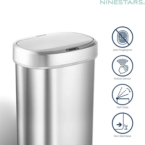 Miniatura 3 de Ninestars DZT-50-49 - Bote de basura ovalado automático con sensor de movimiento sin contacto con tapa negra, 13 galones/50 L, acero inoxidable Plata