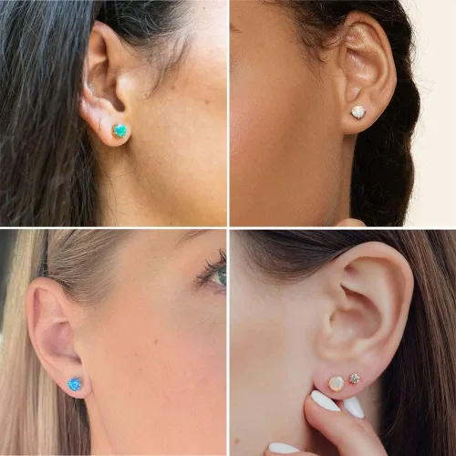 Miniatura 2 de Michooyel Aretes de plata de ley con ópalo para mujer, chapados en oro de 18 quilates, 0.197 in, ópalo solitario, 4 puntas, aretes simples para mujer