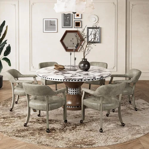 Miniatura 30 de Juego de 8 sillas de cuero de comedor con ruedas y brazos, silla de capitán Accent con ruedas, sillas de madera con ruedas enrollables para cocina