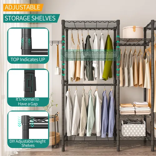 Miniatura 2 de Perchero de ropa resistente, perchero portátil para armario, estante de ropa ajustable independiente con 7 niveles de estantería de alambre Negro