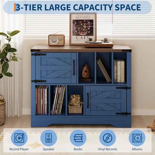 Miniatura 4 de GarveeHome Almacenamiento de discos de vinilo grande de 39 pulgadas, soporte para tocadiscos de madera de granja con armario de almacenamiento y 2
