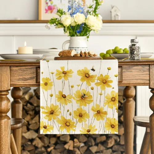 Miniatura 2 de Artoid Mode Camino de mesa de verano con flores amarillas, margaritas y abejas, temporada de Pascua, otoño, vacaciones, cocina, comedor, decoración