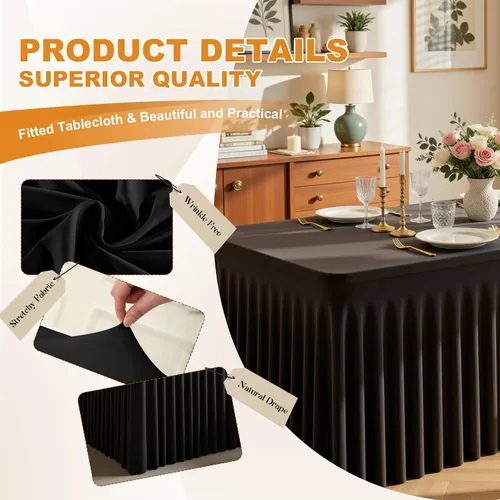 Miniatura 3 de Mantel rectangular de elastano negro, funda elástica ajustada para mesas rectangulares de 1,8 m, falda de mesa elástica sin arrugas para decoración