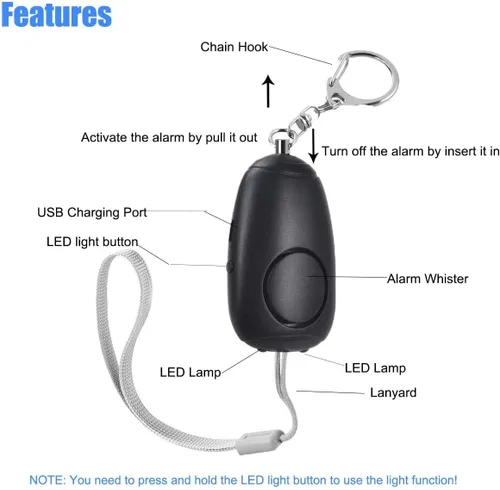 Miniatura 6 de Alarma personal de sonido seguro, alarma personal recargable de emergencia de 130 dB, llavero de alarma de seguridad con 2 luces LED, para mujeres