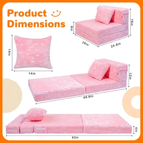 Miniatura 5 de MeMoreCool Sofá cama triple de unicornio rosa brillante para niños, futón plegable y sofá de suelo, colchón convertible triple para sala