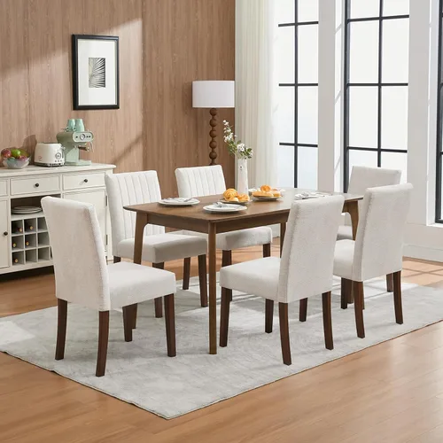Miniatura 15 de Juego de 2 sillas de comedor tapizadas, sillas laterales de cocina de tela moderna con patas de madera resistentes, diseño Parsons, cómodo lino