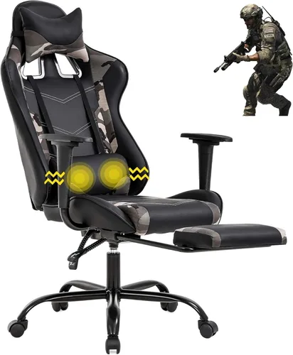 Miniatura 14 de Silla ergonómica para juegos de PC, silla de oficina de carreras, silla de videojuegos, función de masaje, soporte lumbar con reposabrazos Blanco