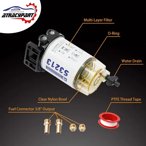 Miniatura 3 de Filtro de combustible separador de agua de repuesto para motor fuera de borda marino Mercury con accesorios de púa de 3/8" x 1/4" NPT. Reemplaza #