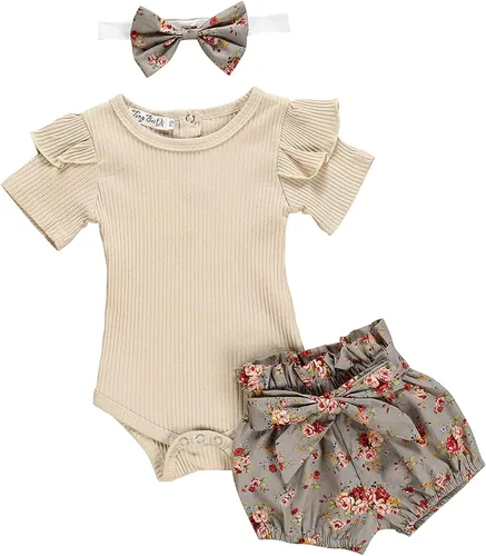 Chyrbaby Ropa para bebé niña recién nacida, traje con volantes, traje acanalado, pantalones florales con diadema..