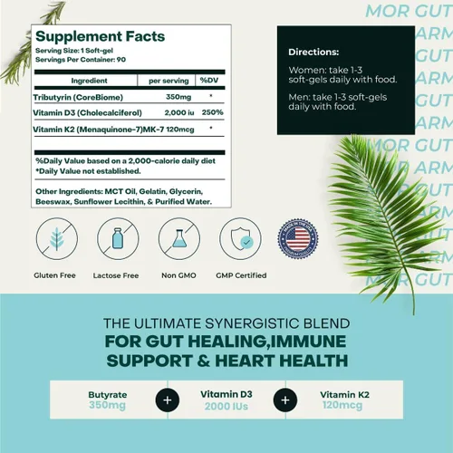Miniatura 5 de Salud intestinal y cardíaca + apoyo inmunológico 1 mes de suministro 30 cápsulas de gel suave butirato puro de 350 mg y vitamina D3 2000 IU
