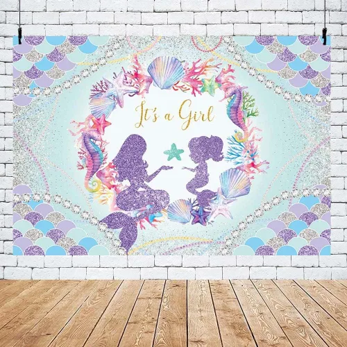 Miniatura 5 de MEHOFOND Telón de fondo para baby shower con tema de sirena de 8 x 6 pies para niñas, con texto en inglés "It's a Girl", fondo de fotografía de baby