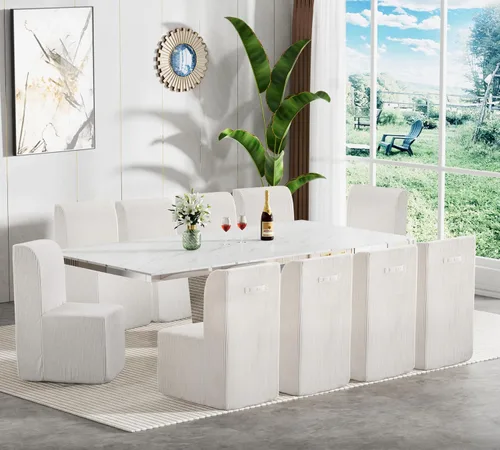 Miniatura 2 de Juego de mesa de comedor de mármol sintético blanco para 10, juego de mesa de comedor extensible de 11 piezas de 63 a 94 pulgadas con 10 sillas