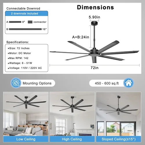 Miniatura 3 de Ohniyou Ventilador de techo de 72 pulgadas sin luz, ventilador de techo industrial negro con control remoto/aplicación, cuchillas de aluminio, motor