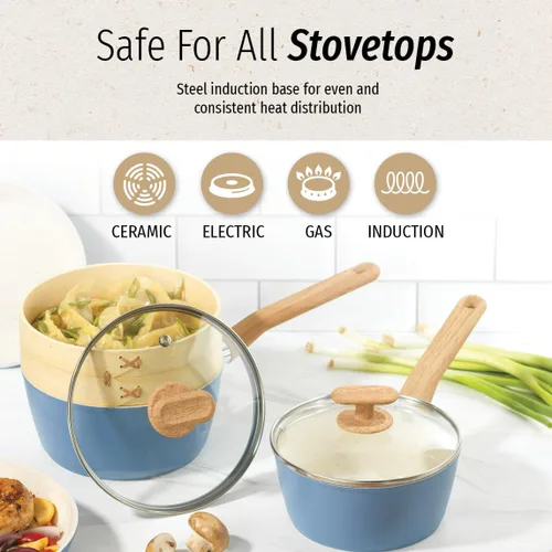 Miniatura 5 de GoodCook Juego de utensilios de cocina de cerámica saludable con infusión de titanio, 10 piezas, color azul claro, ollas, sartenes, vaporera