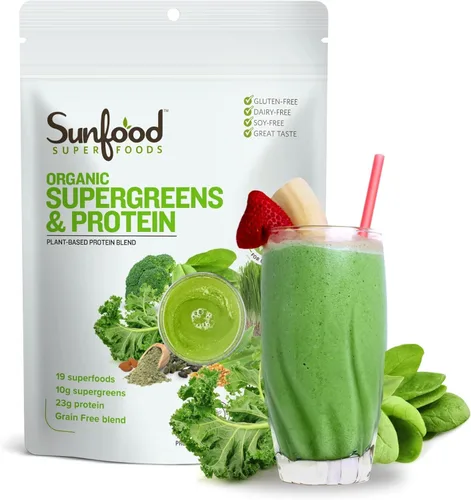 Sunfood Superfoods Organic Supergreens & Protein Powder – Superfood Greens Blend Powder, Super Greens con clorella y espirulina, 0.81 oz de proteína